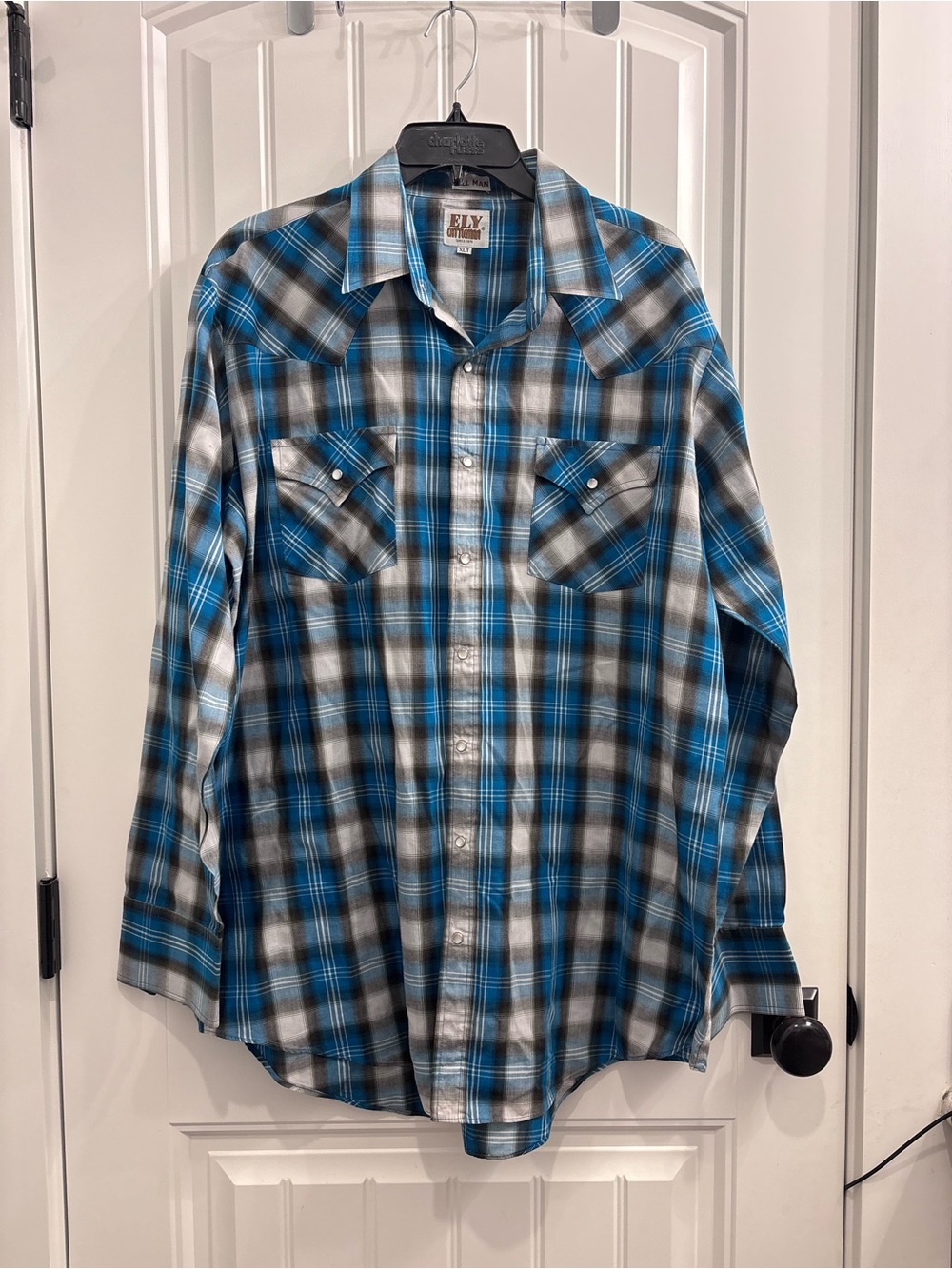Ely Cattleman Blue and Black Plaid Western Pearl Snap Button-Down Shirt